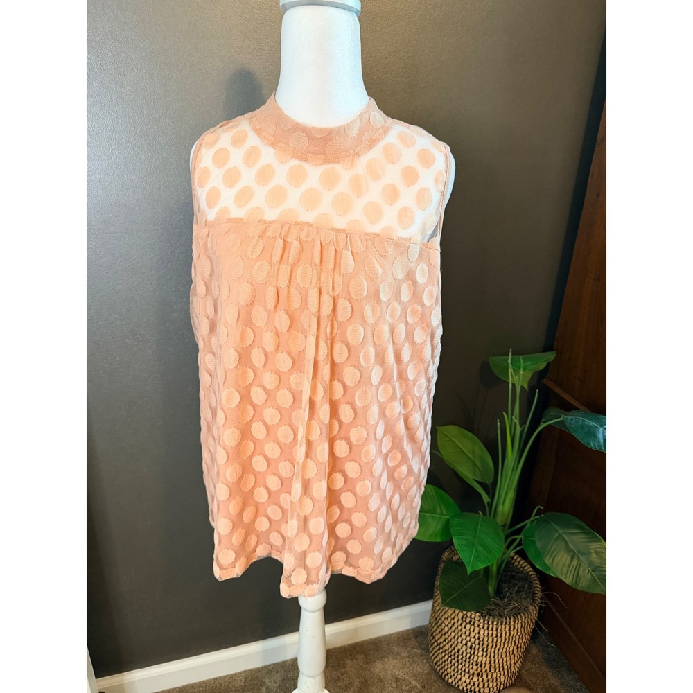 Shannon‎ Ford New York Blouse Womens XL Peach Excellent Polka Dot Mesh Mock Neck